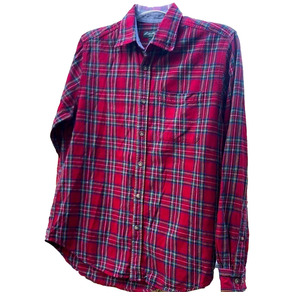 EDDIE BAUER Men's Medium Red  Plaid Flannel Button Down  USED Good Condition - Picture 4 of 15